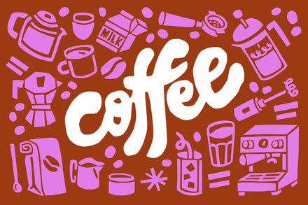 Coffee-themed graphic with pink icons and 'coffee' text on a brown background