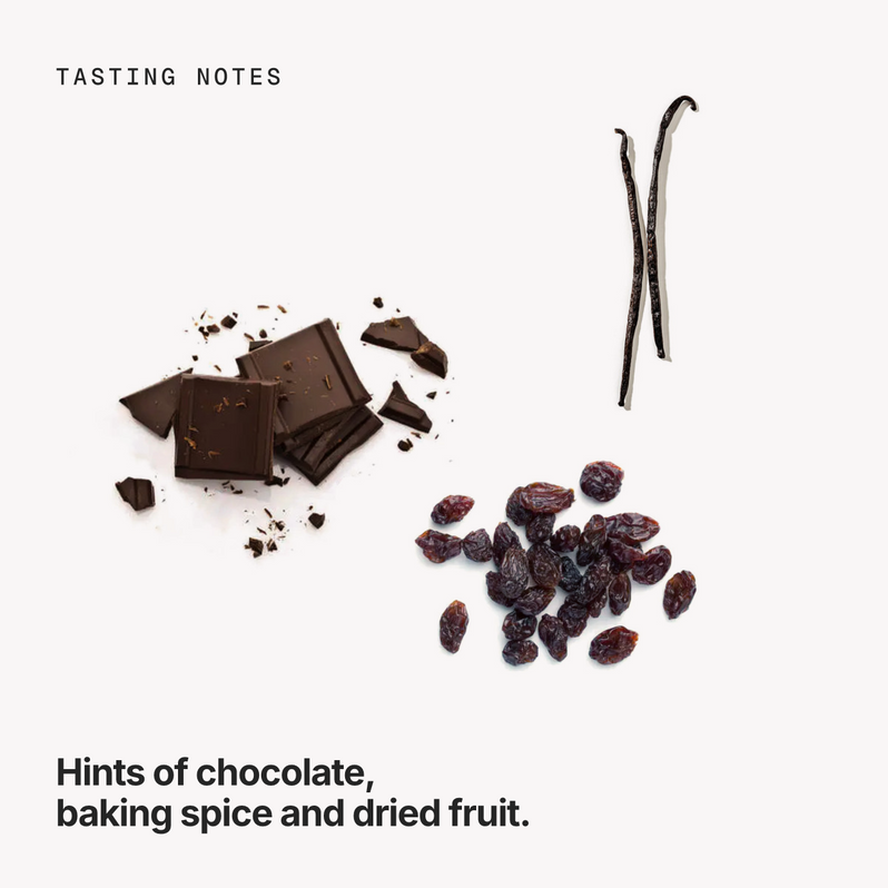 Tasting notes: chocolate, baking spice and dried fruit